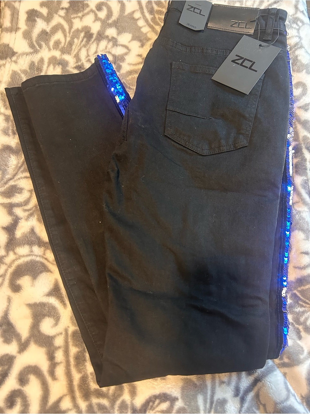 Black Distressed Jeans with Blue/White Sequin Side Stripe